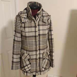 Soia & Kyo Cream and Brown Plaid Pea Coat